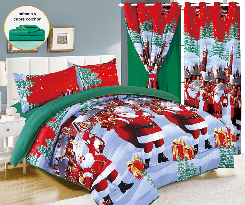 Christmas-Themed 7-Piece Bedding Set With Double-Layer Curtains