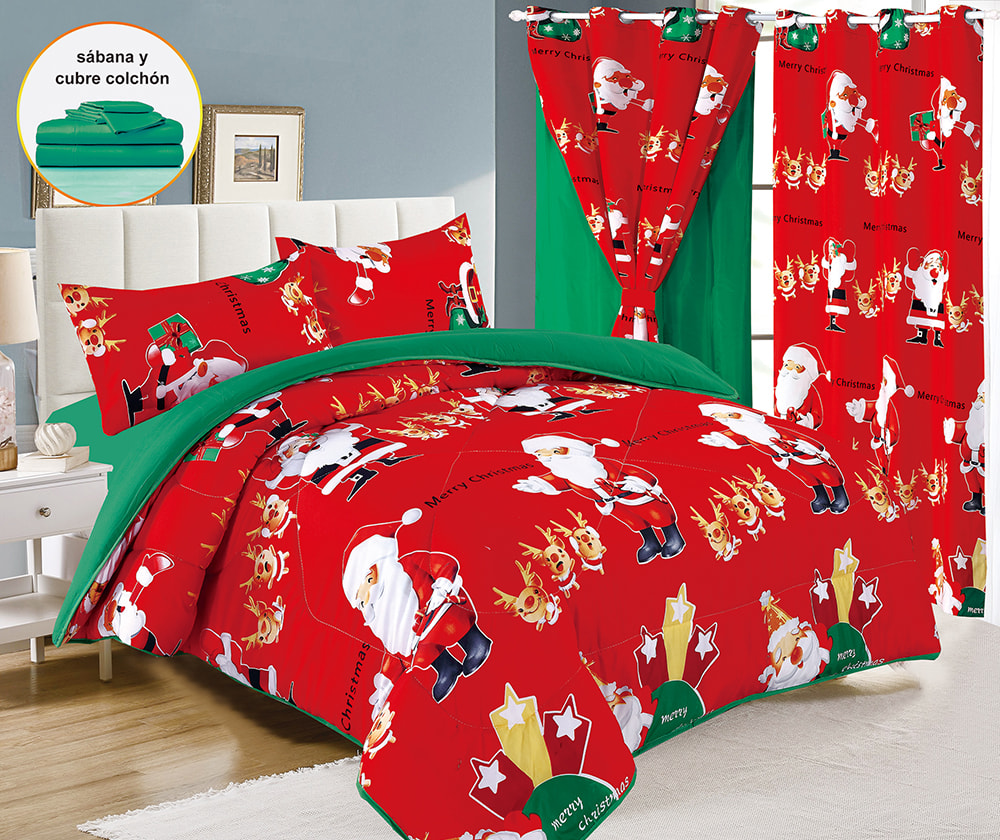 Christmas-Themed 7-Piece Bedding Set With Double-Layer Curtains