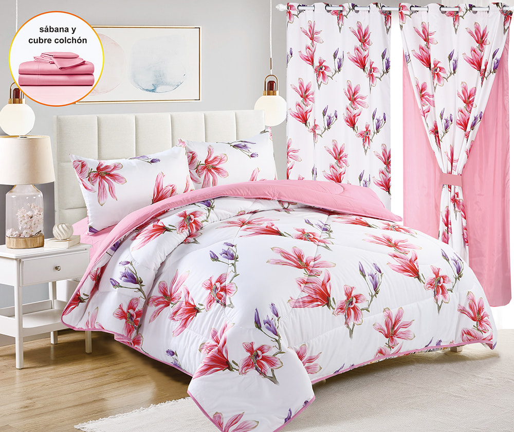 Printed 7-Piece Bedding Set With Double-Layer Curtains