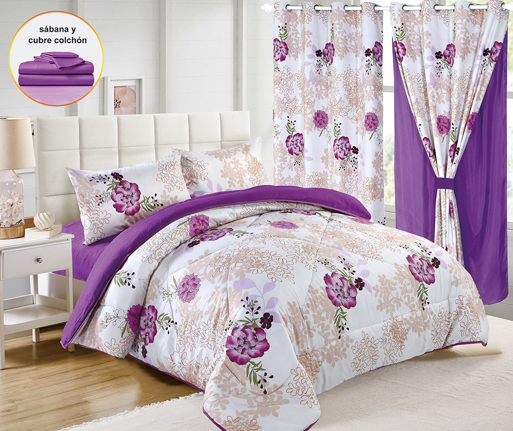 Printed 7-Piece Bedding Set With Double-Layer Curtains